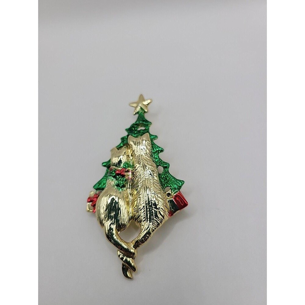 Vintage‎ AJC Christmas Cats Brooch: Gold Tone Glitter Enamel Tree Pin - Picture 3 of 10